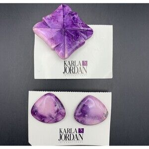 Karla Jordan Purple Stone Brooch Pendant Earrings Set Abstract Chunky Vintage